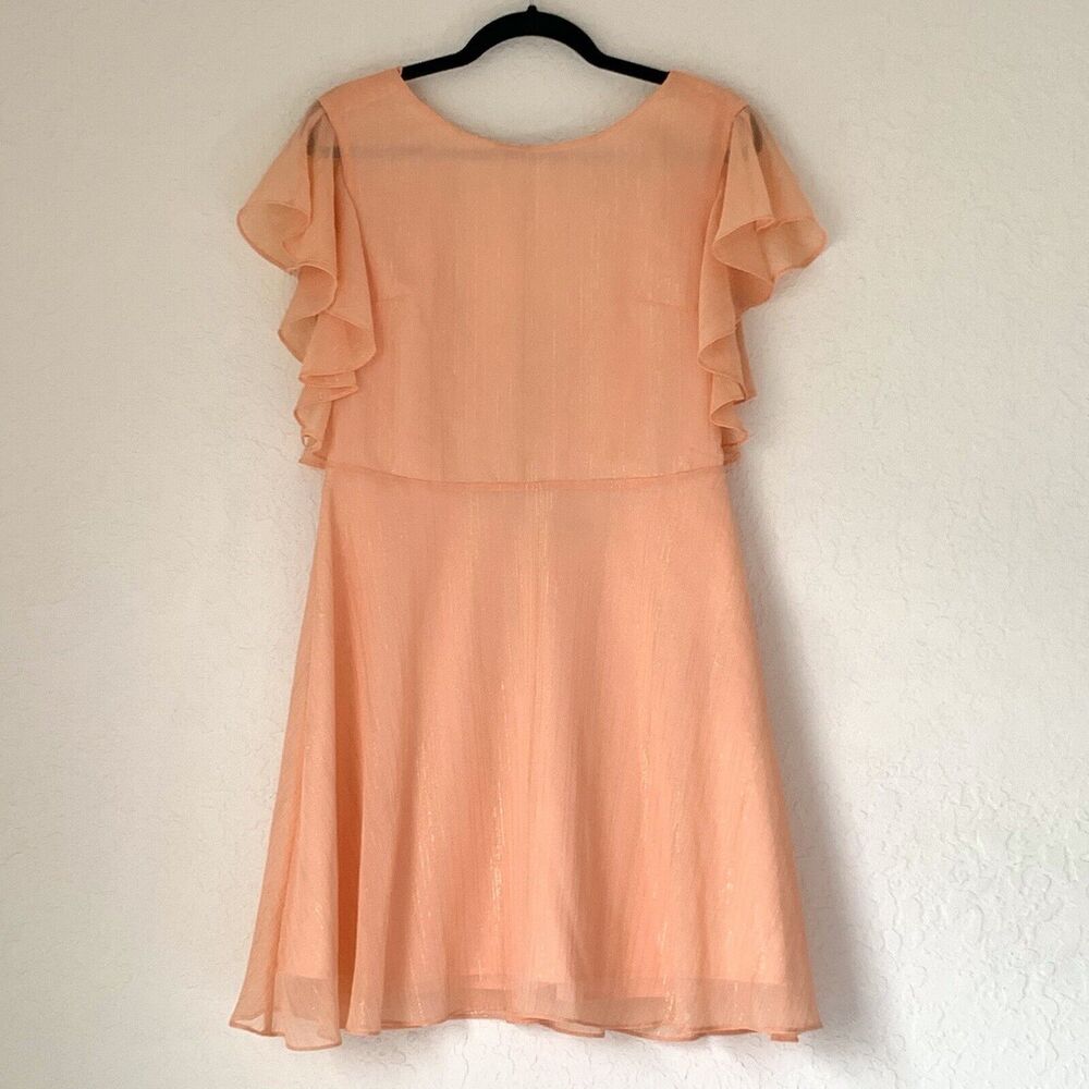 Halston Dress Women 2 Pink Peach Gold Shimmer Flutter Flowy Preppy‎ Wedding $179